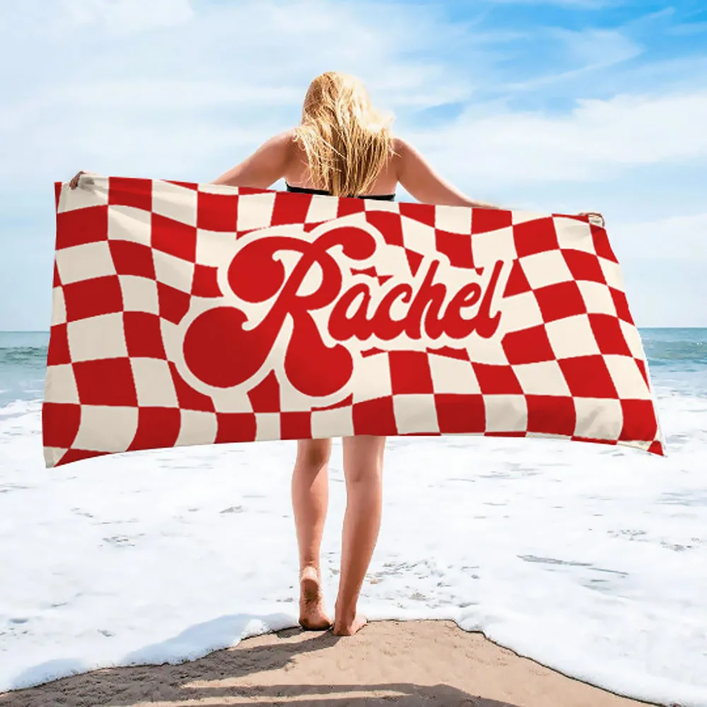 

2024 Customize Name Towel Colorful Deformation Checkerboard Pattern Irregular Block Font Personalized Bath Towels For Home Pool