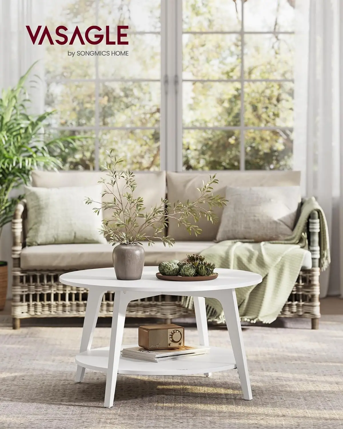 원형 커피 테이블, 수납 공간이 있는 2단 센터 테이블, 테이퍼형 다리, 곡선형 전환부, 직경 31.5인치. x 1