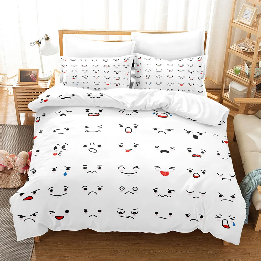 Kawaii Kawaii mood expression Three Piece Bedding Set Luxury Comforter Set with Queen King Size Including purple household goods