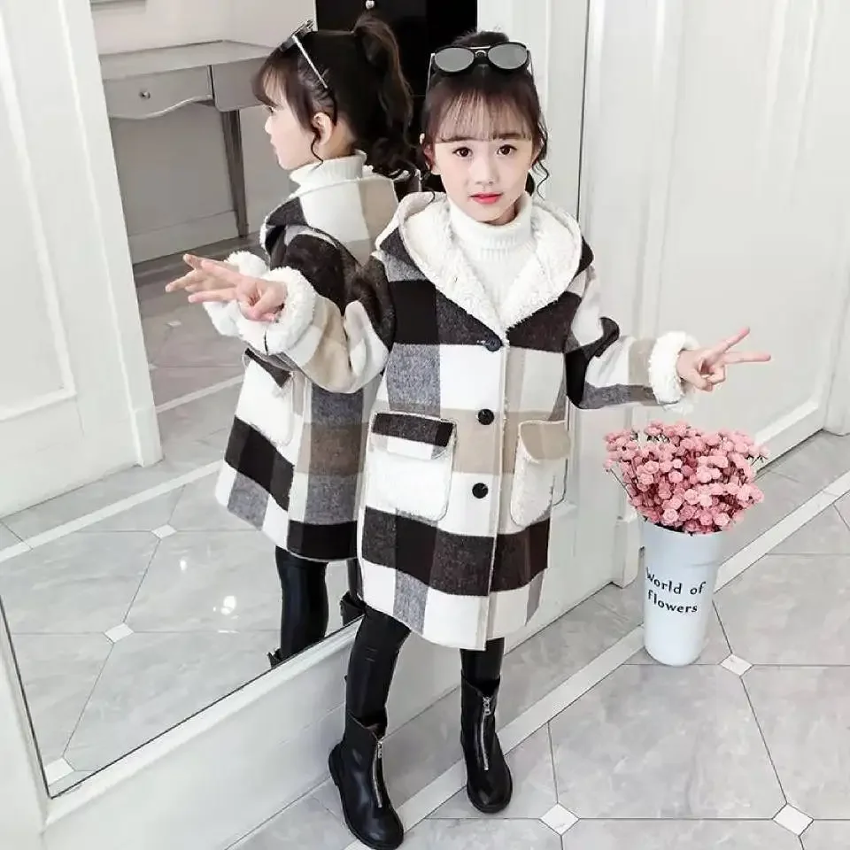 

2024 Autumn winter Girls Casual Jackets Hooded Outerwear Fashion Woolen Long Coat Children Clothing Cute Baby Girls 8 10 12 year