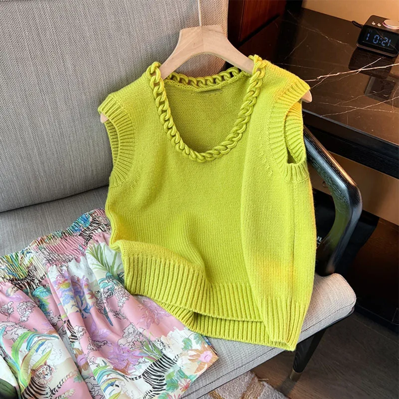 Sweater Vests Women Pure Design Minimalist Elegant All-match Stylish Summer Knitting Straight Retro  Crop Ladies Casual