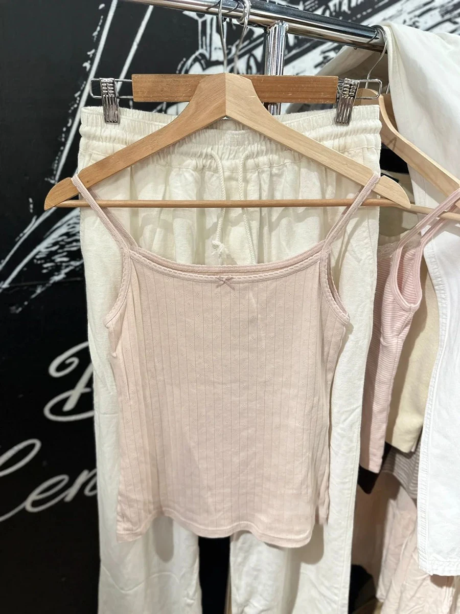 Sweet Pink Eyelet Bow Crop Top Summer Lace Trim Sleeveless Cotton Tank Tops Women Preppy Style Vintage Camisole Y2k Clothes﻿﻿﻿﻿