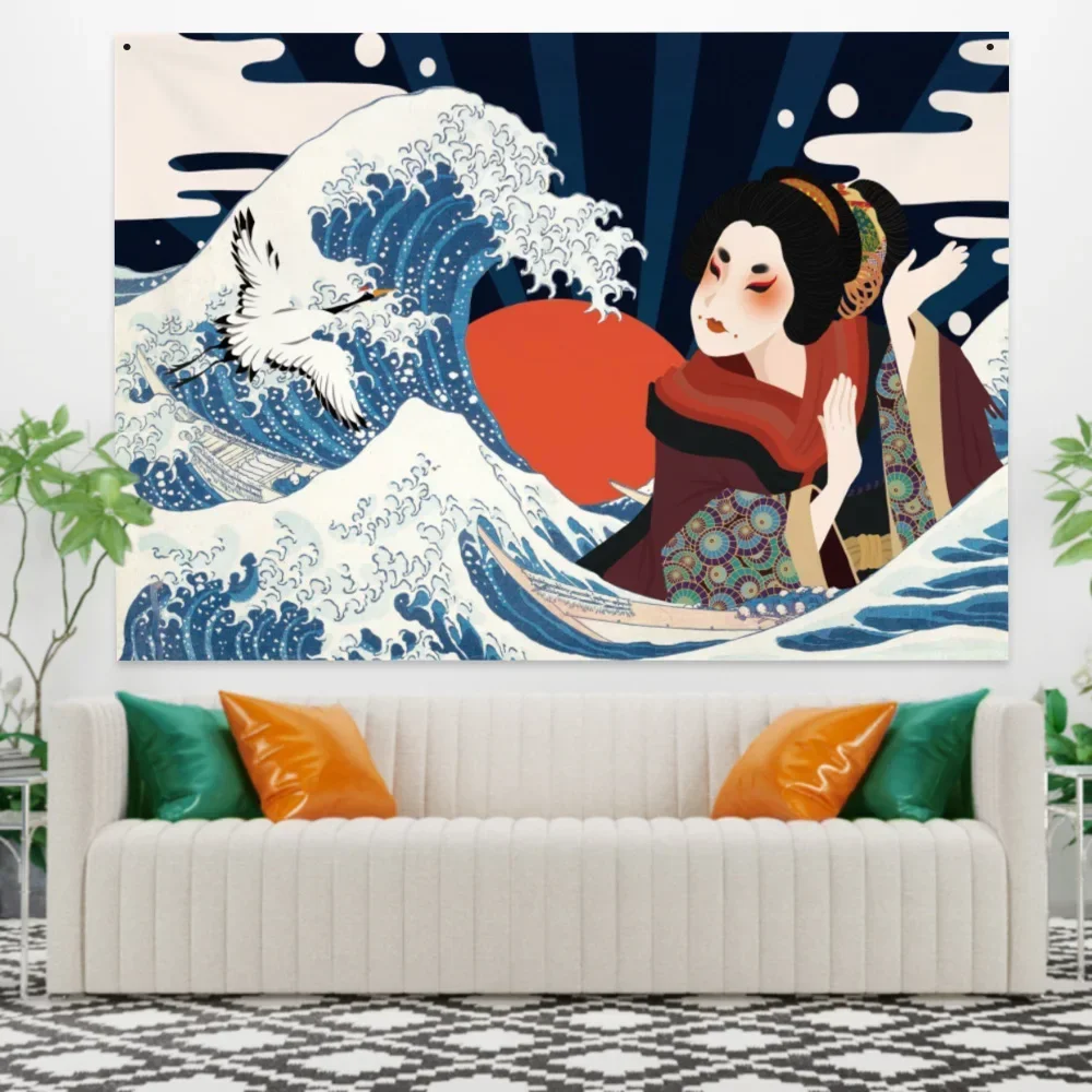 Japan Kanagawa Sea Wave Curtain Tapestry Print Geisha Boho Cloth Beautiful Woman Bedroom Home Decor Mandala Wall Hanging