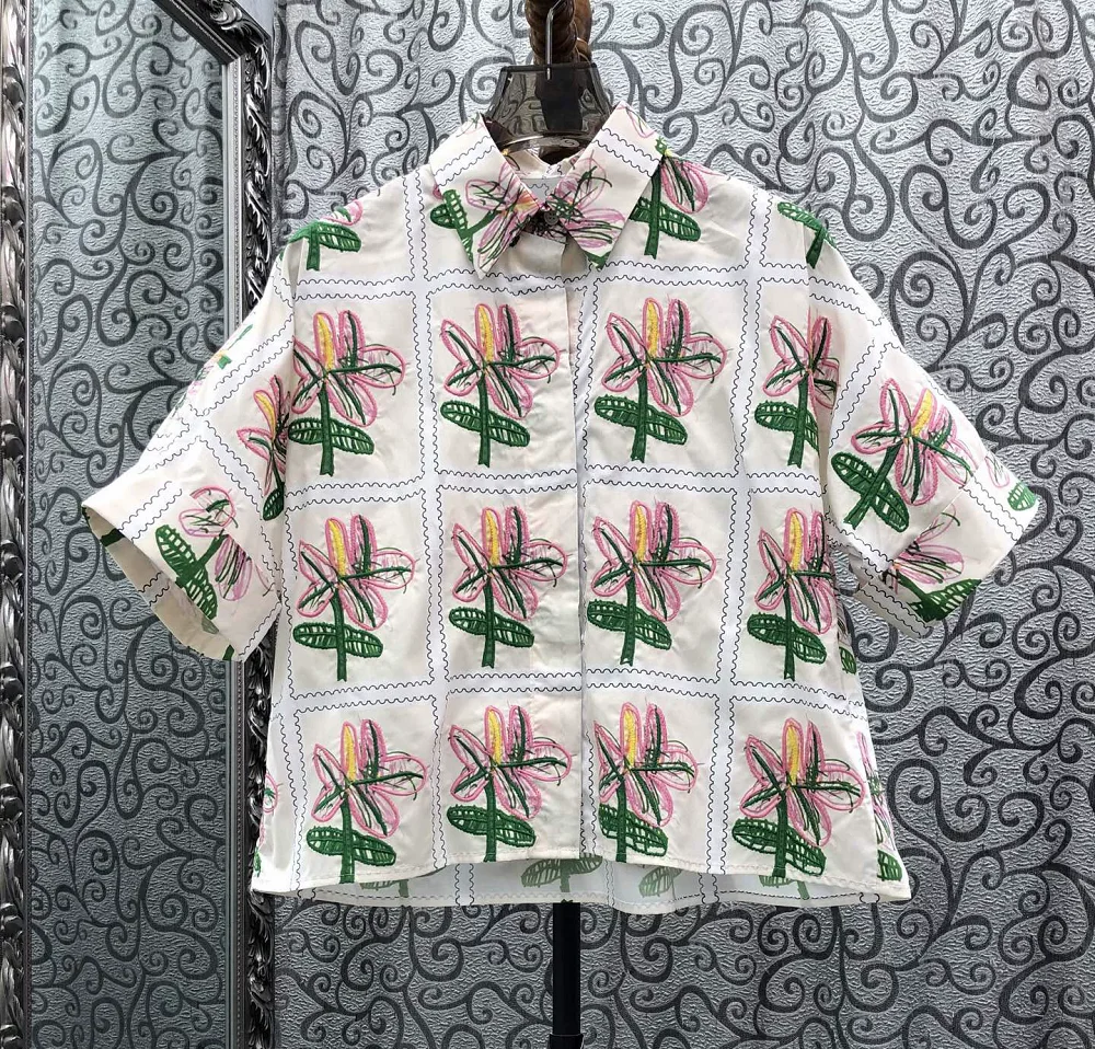 

100%Cotton Shirts 2026 Summer Style Women Turn-down Collar Colorful Floral Embroidery Short Sleeve Casual Blouse Shirts Clothes