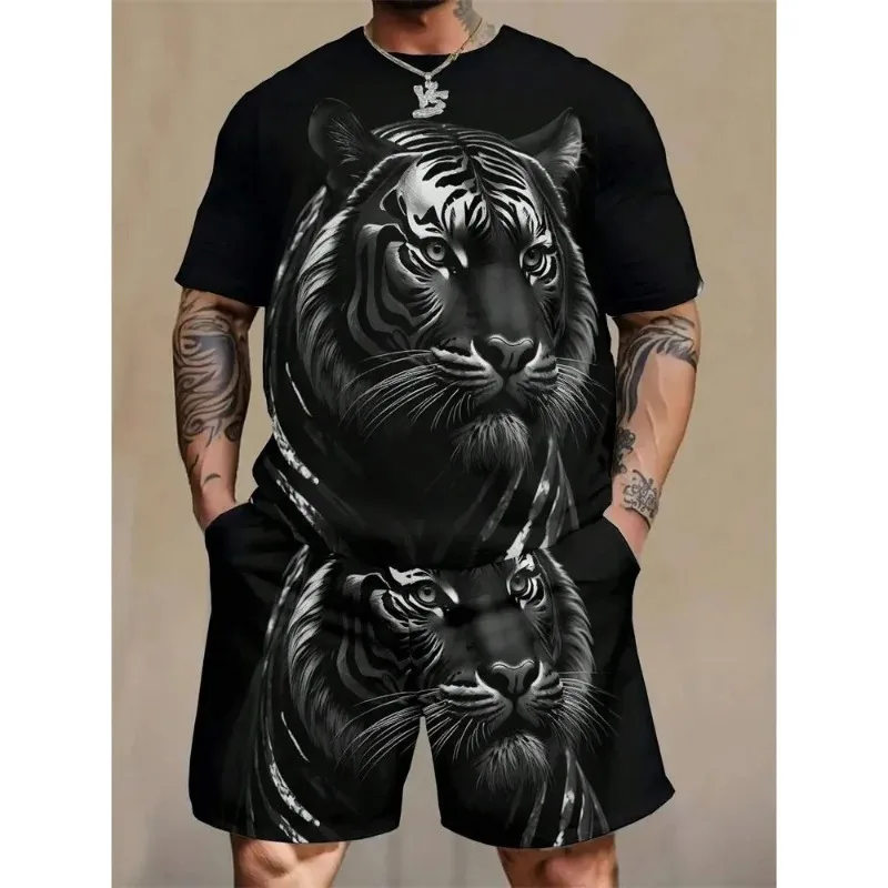 2025 Hot Selling Fashionable Men's 3D Printed Lion Print Round Neck T-shirt Shorts Set Outdoor Casual Top Two-piece Set