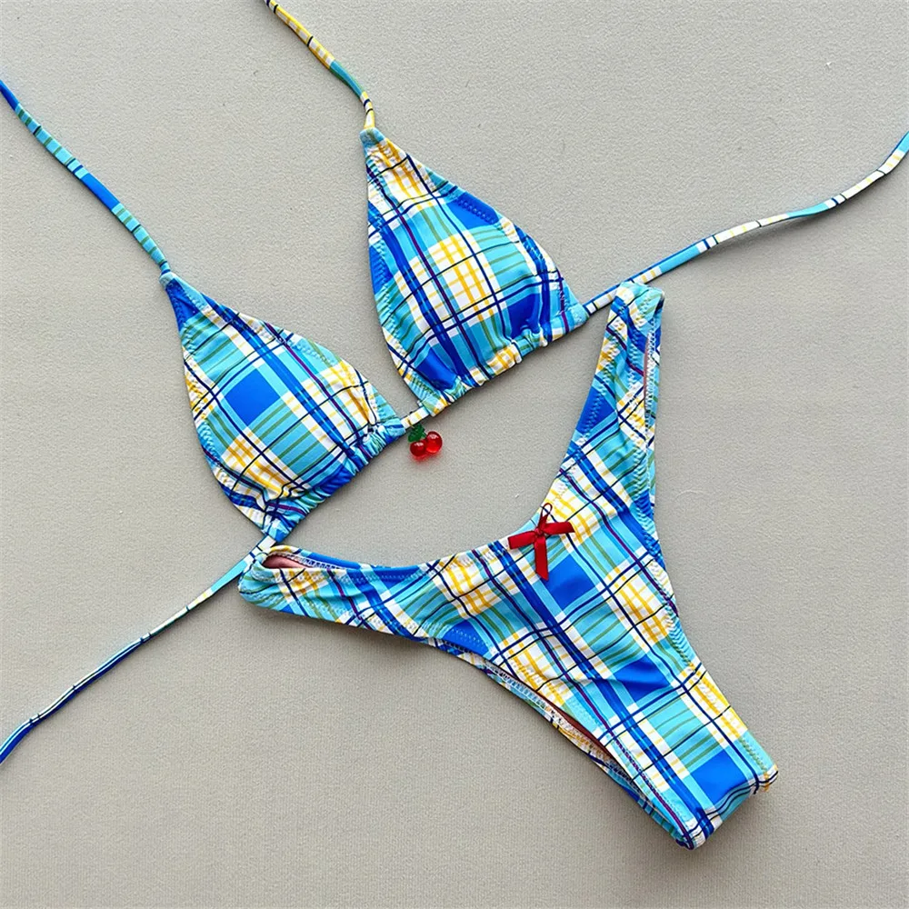 

Blue Plaid Print Swimwear Sexy String Halter Triangle Bikinis Sets Cute Bow Cherry Swimsuit Woman 2026 Bather Brazilian Bikini