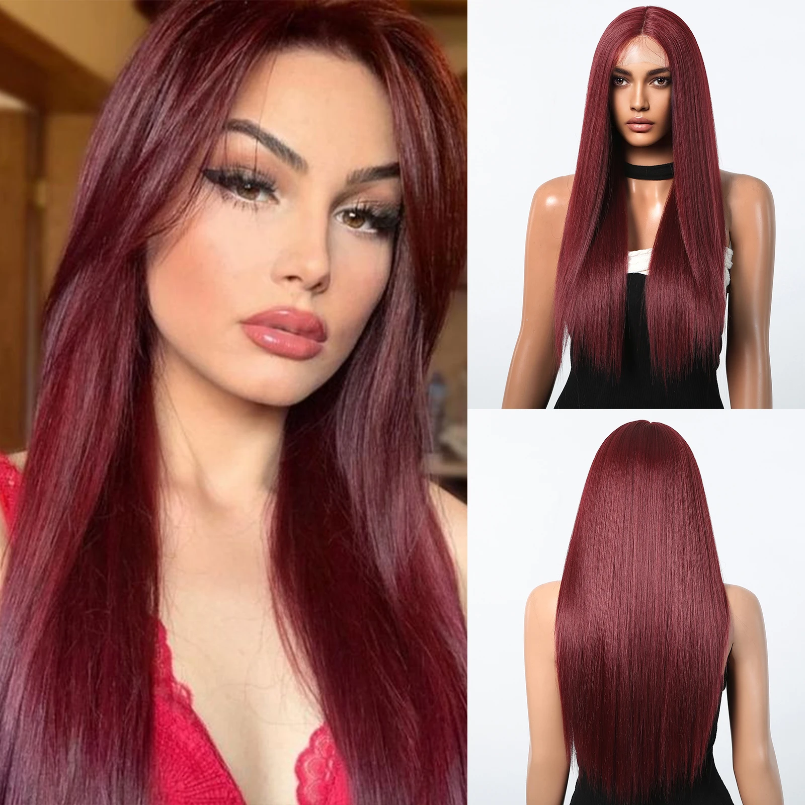 

Wine Red Synthetic Lace Frontal Wigs Long Straight Silky Wig with Baby Hair for Black Women Heat Resistant Cosplay Lace Wig