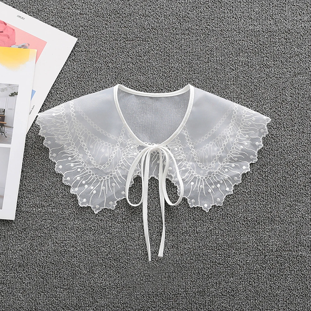 Women Chiffon Lace Fake European Style False Collar Decorative Girls Floral Embroidery Choker Blouse Office Ladies Shawl Bowtie