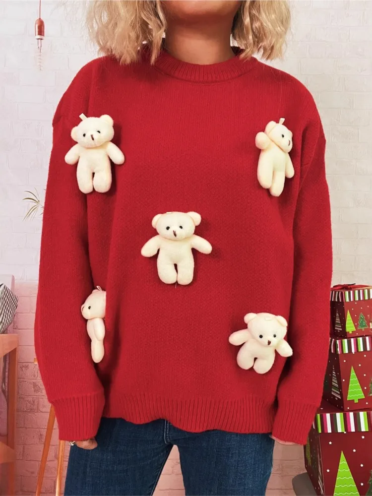 

Autumn And Winter Christmas New Stitching Three-dimensional Bear Sweater Women's Loose Casual Cute Pullover Sweater Tops