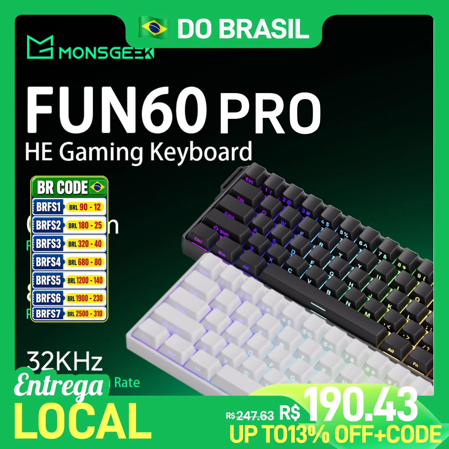 Teclado Mecânico Akko MonsGeek FUN60 PRO HE 60% com Interruptor Magnético, Gatilho Rápido 0.01mm, 8K, Teclado Gamer Personalizado com Fio