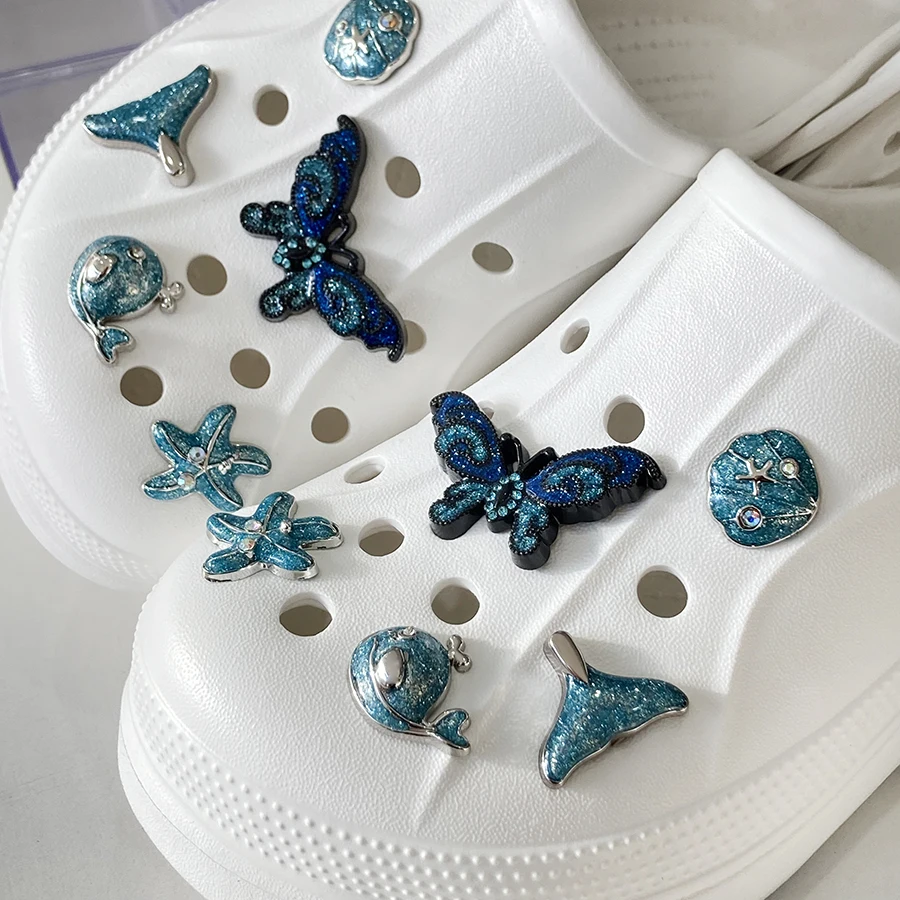 

1 set Glitter Blue Starfish Shell Whale Butterfly Mermaid Tail Cartoon Plastic Shoe Decoration Charms Suitable For Crocs Clogs