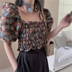 Summer New turn-down collar Simple Basic Chicly Puff Sleeve Floral Top young sweet Korean Street Shirt T-Shirt Women clothing