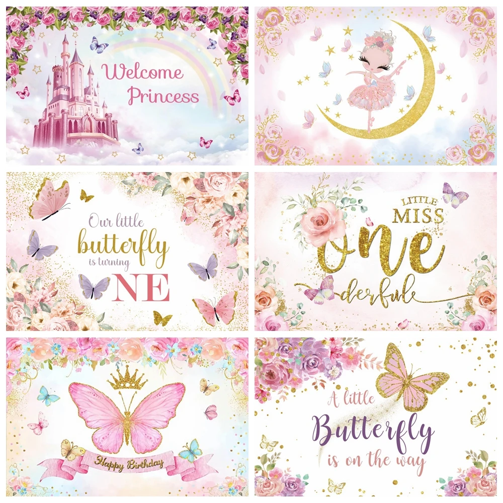 

Princess 1st Birthday Backdrop Butterfly Flower Girls Party Photography Background Baby Shower Decoration Photozone Photo Studio