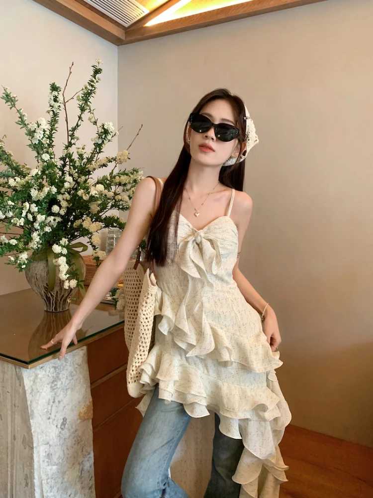 2024 Vestidos De Mujer Summer Y2k Dresses Women Sleeveless Tunic Sling Robe Femme Slim Waist Irregular A-line Ruffles Maxi Dress