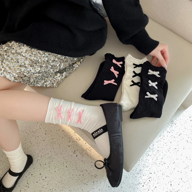 JK Lolita Cute Princess Socks Sweet Girls Velvet Bowknot Kawaii Socks School stile giapponese tinta unita nero bianco calzini lunghi