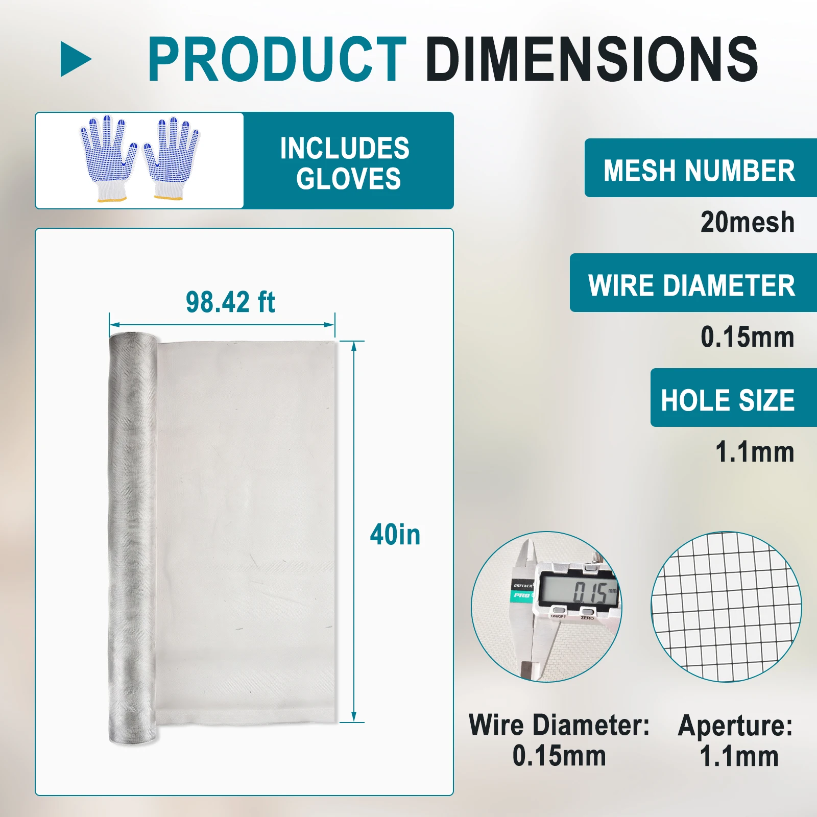 40 in * 98 ft 304 Stainless Steel Window Screen Mesh Roll, Heavy Duty Pet Screen with 0.15mm Wire Thickness for Door, Patio, and Porch Replacement, Rust Resistant and Easy to Install