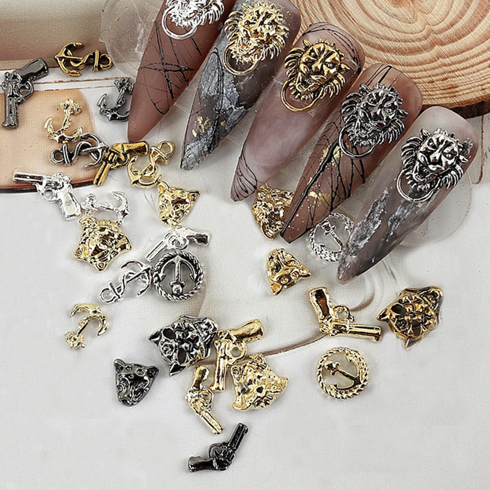 10Pcs Alloy Animal Nail Art Charm Retro Punk Metal Leopard Pistol Lion Boat Anchor Nail Ornament DIY Exquisite Nail Accessories