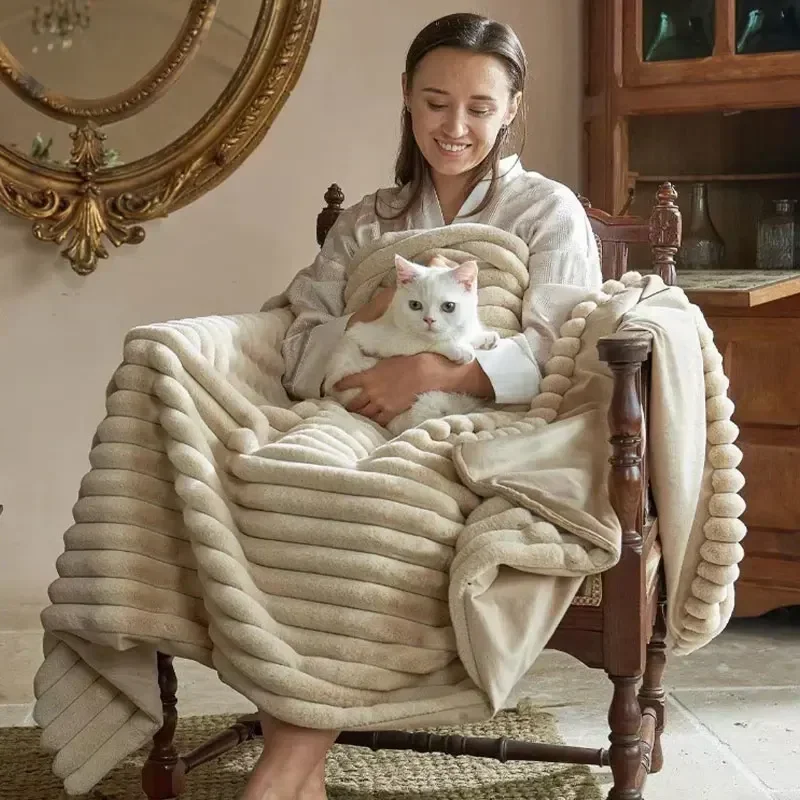 Warm Blanket Double Layer Flannel Winter Throws Plush Bedspread Soft Sofa Cover for Airplane Home Office Break Sleeping Nap
