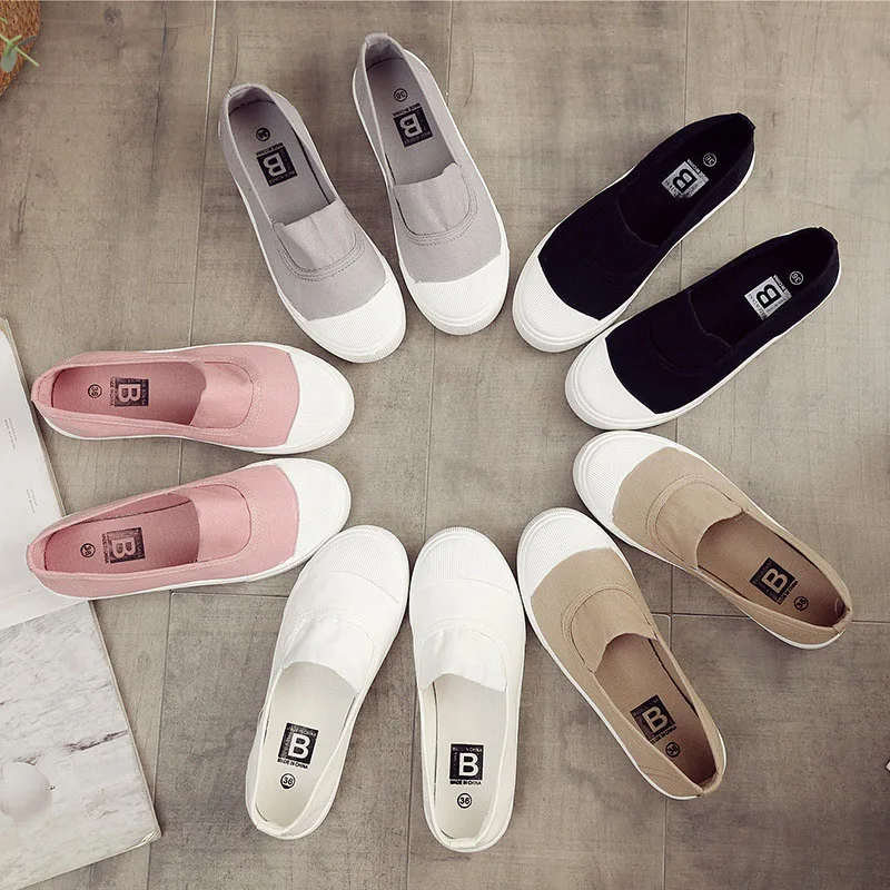 Spring New Canvas Shoes Women\'s Flats Casual Shoes White Shoes Korean Version Slip-On Shoes Students Shallow Mouth Single Shoes