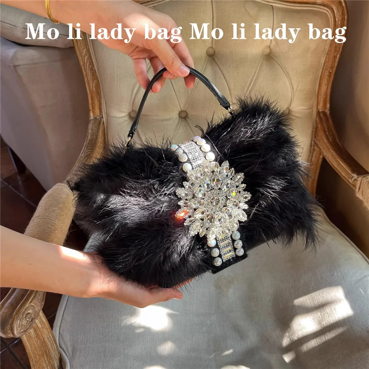 

Fashion Ostrich Feather Velvet Women Handbag Crystal Rhinestones Diamond Evening Bag Luxury Clutch Purse For Wedding Party