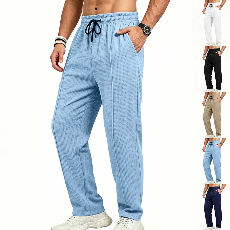 Herren-Jogginghose aus Waffelstrick mit geradem Bein, elastischem Bund und Seitentaschen – Detail 1