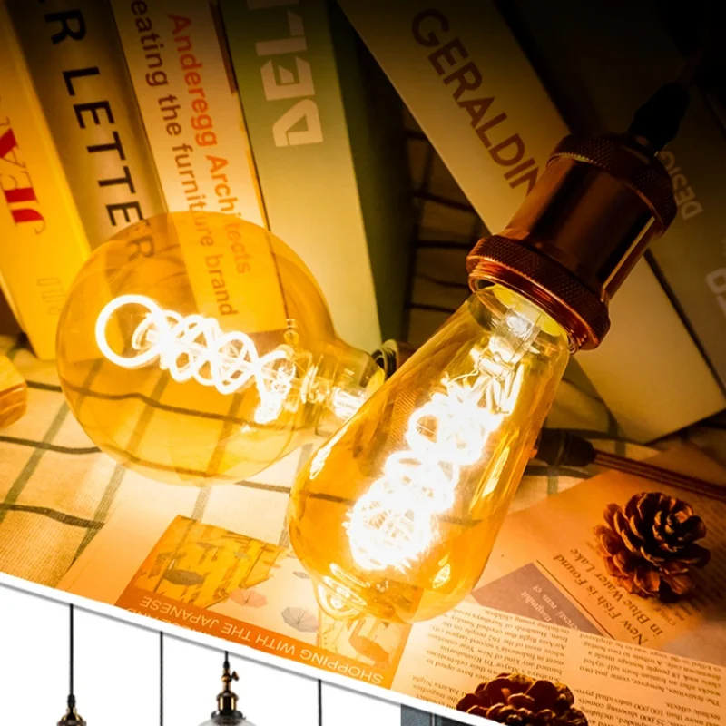 Żarówka Edison E27 E14 220V Retro Vintage Edison Lamp C35 ST64 G80 G95 G125 T225 Spiralna żarówka do dekoracji wnętrz Żarówka żarówkowa