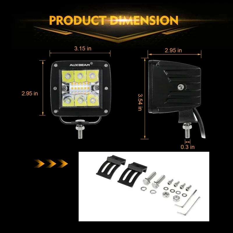 AUXBEAM 3Inch 72W LED Square Work Light Pod Dual Color 6 Lighting Modes with 10FT Wiring Harness for Truck Pickup Offroad