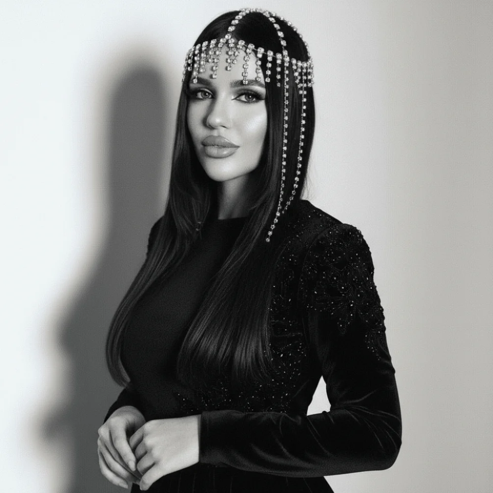

Flash Rhinestone Cap Headpiece Full Rhinestone Inlay Fringe Mesh Crystal Head Chain Personalized Retro Style Tassel Headband