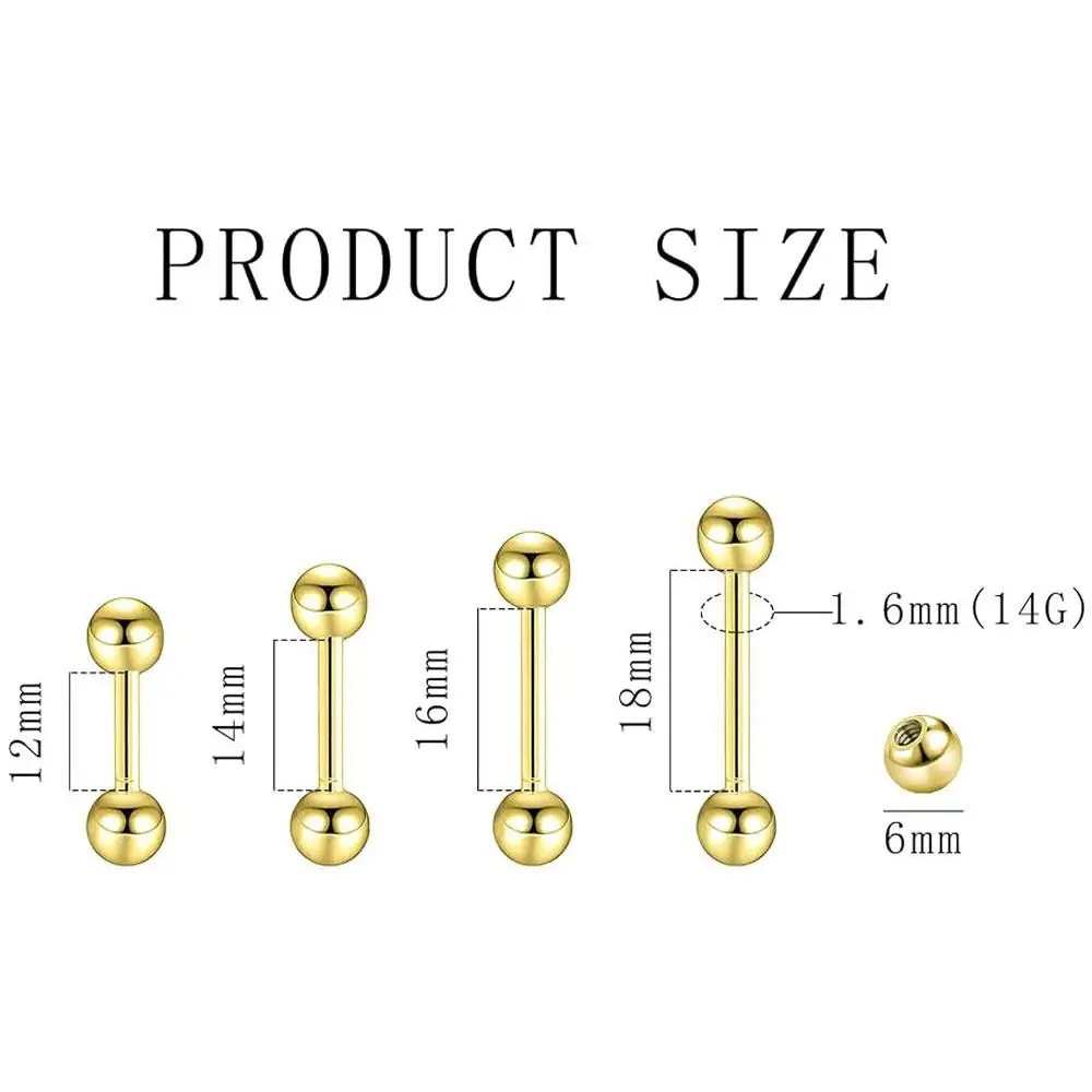 48Pcs Set 14G Stainless Steel Nipple Tongue Rings for Straight Barbells Body Piercing Jewelry Bridge Piercings Bar 12-18mm