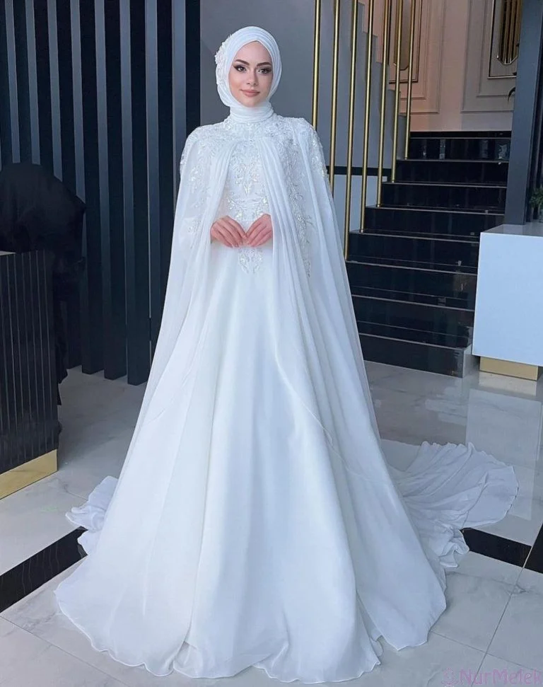 Muslim Bridal Wedding Dresses With Cape Hijab High Neck Chiffon Beading Modest Arabic Wedding Gown Plus Size Custom Made Dress