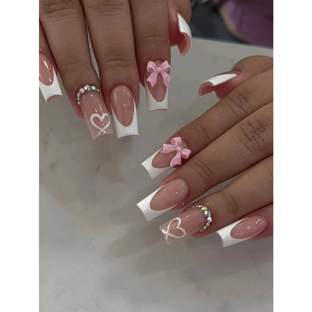 

96pcs (4 Mixed Styles) Long Coffin & Heart Shaped Nail Art, 3D Rhinestone Bow French Manicure, Medium Press-On Acrylic False Nails Set, Includes 1 Bottle Of Gel Polish And 1 Nail File, Suitable For Valentine's Day, French Manicure, Women & Girls Daily, Pa