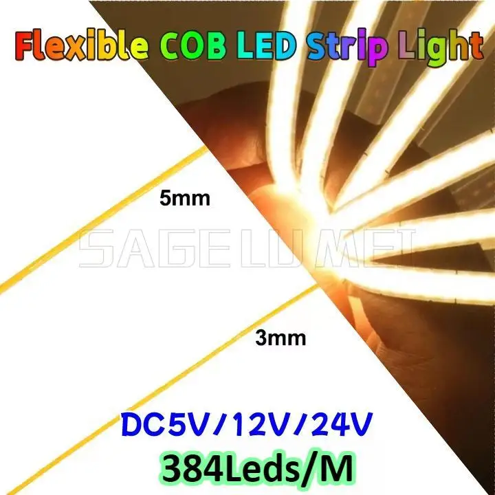 

DC5V/12V/24V Super Narrow Flexible COB LED Strip Light 3mm 5mm 384Leds/m Dimmable Strip Lights for Indoor Remote/Switch Control
