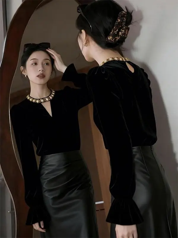 

Винтажный женский бархатный топ в стиле Хепберн с рукавами-колокол, облегающий, для осени и зимы