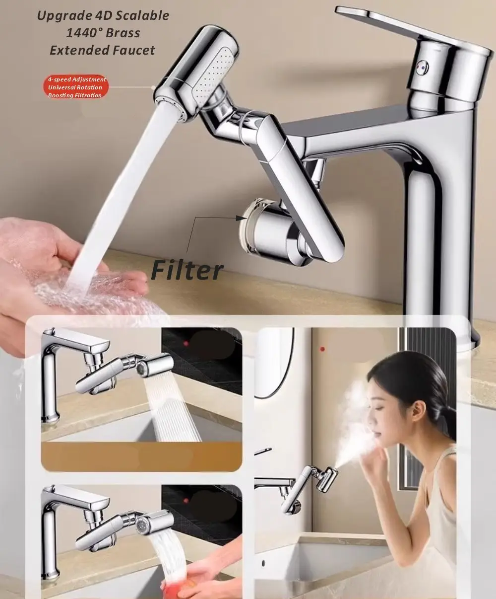 New Filter Retractable Universal 1440°Swivel Robotic Arm Swivel Extension Aerator Kitchen Sink Faucet Extender 4 Water Flow Mode