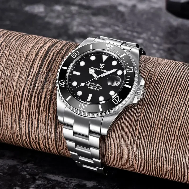 Pagani Design PD-1639 Men Automatic Diver Watch Two Tone Gold Silver Stainless Steel Bracelet Black Dial 100M Waterproof Luminou