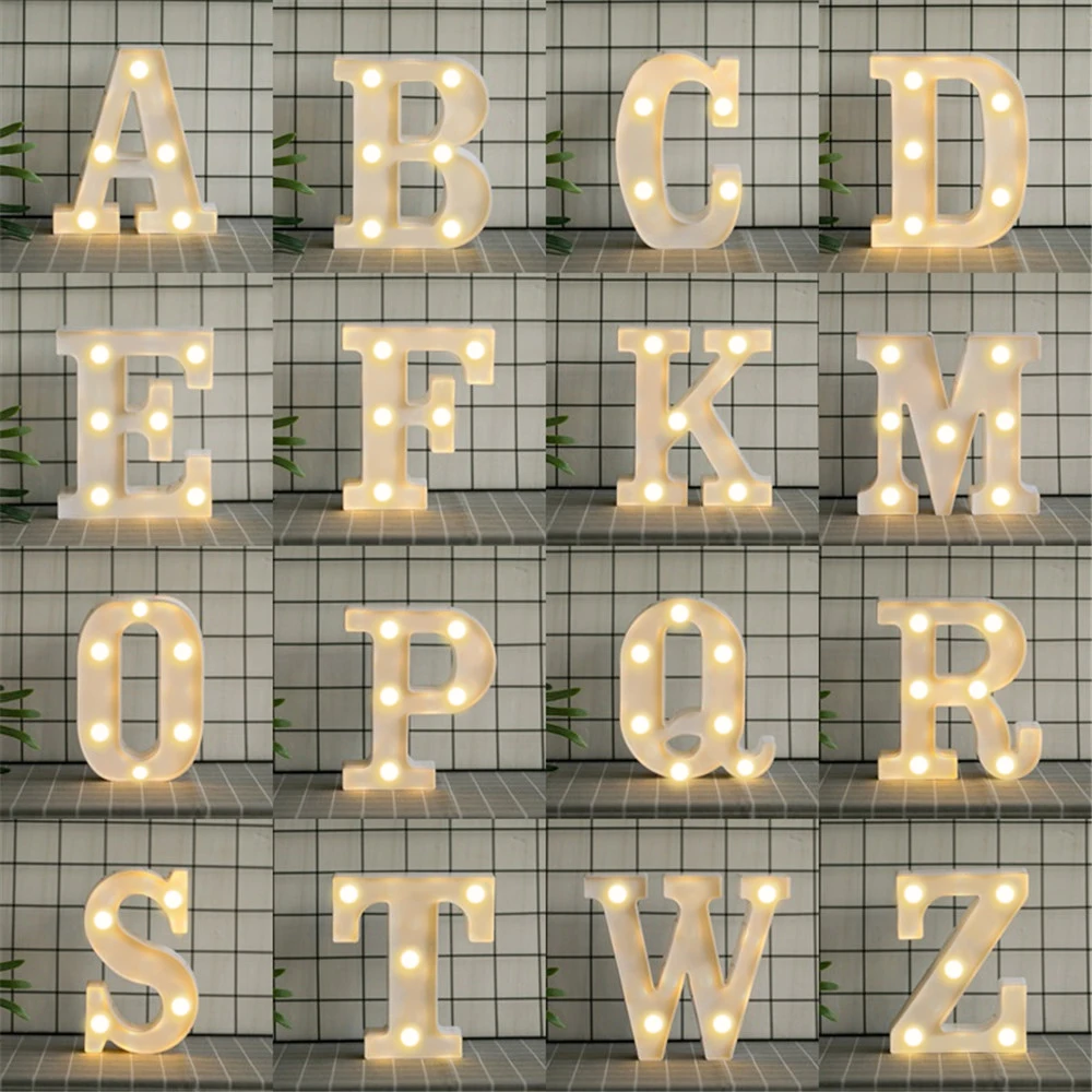 Letras decorativas do alfabeto Luzes LED, lâmpada luminosa, luz noturna da bateria, festa, casamento, decoração do quarto