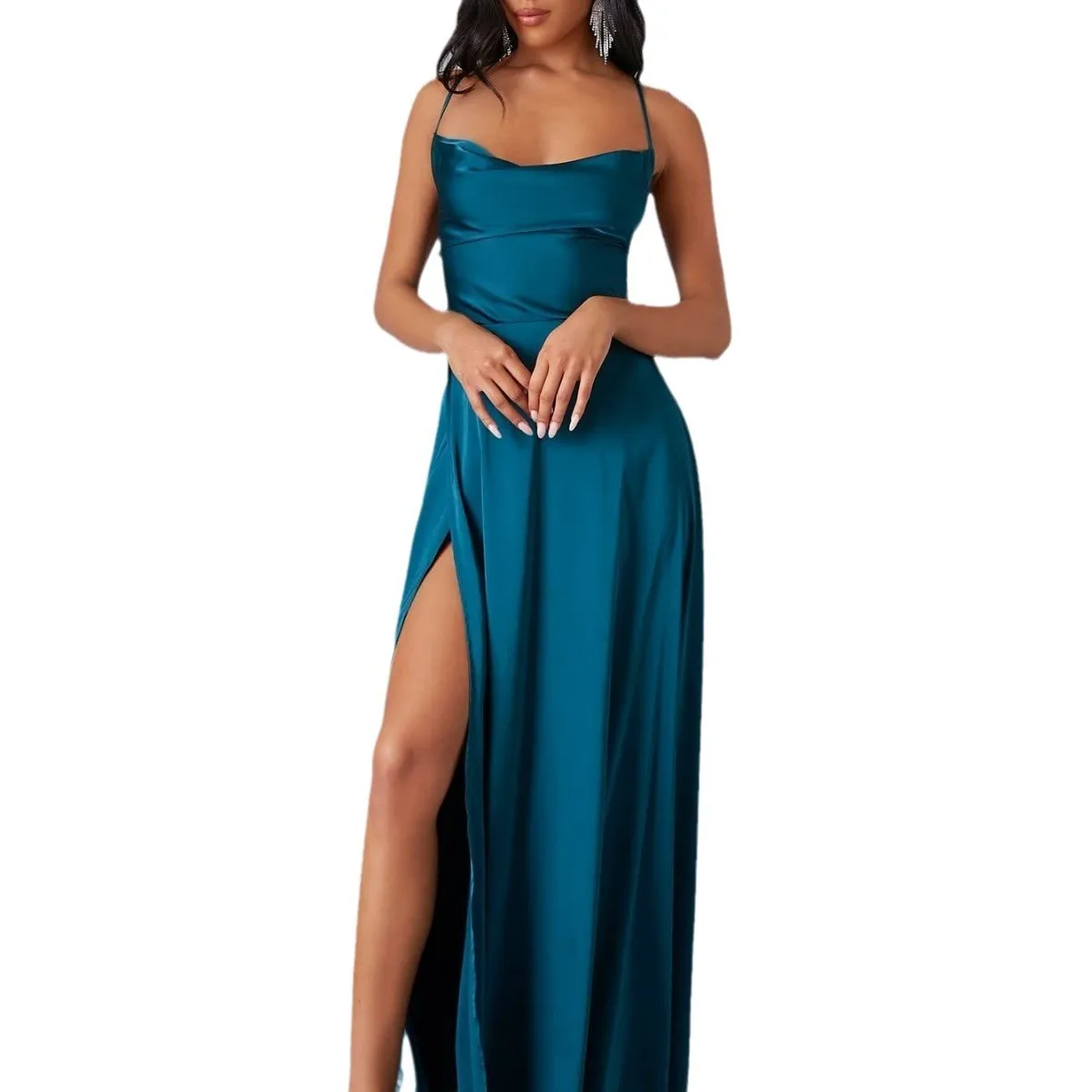 Belted V Neck Gown Loose Fit Elegant Style with Flowy Silhouette Long Length Dresses Zipper Camisole Dress Summer for Women