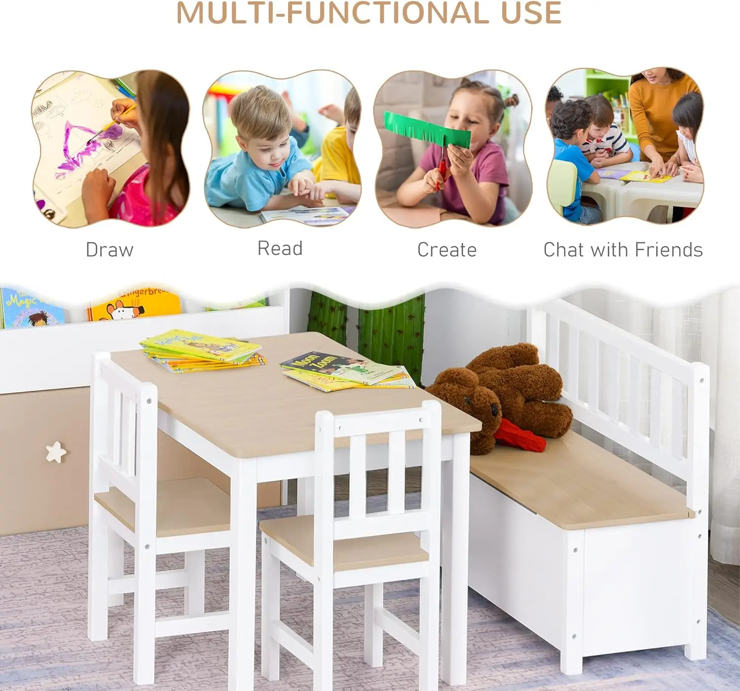 Set tavolo per bambini da 4 pezzi con 2 sedie in legno, 1 panca portaoggetti e design moderno interessante, naturale/bianco