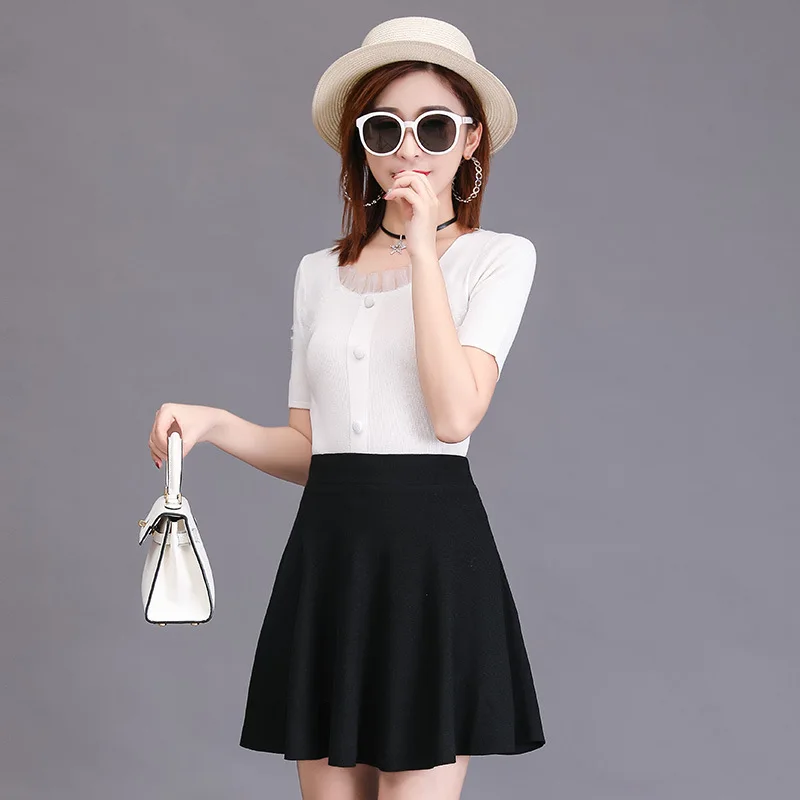 

Spring and Summer Little Black Dress Elastic Waist A- line Umbrella Skirt Women's Pleated Puffy Knitted Backing Culottes