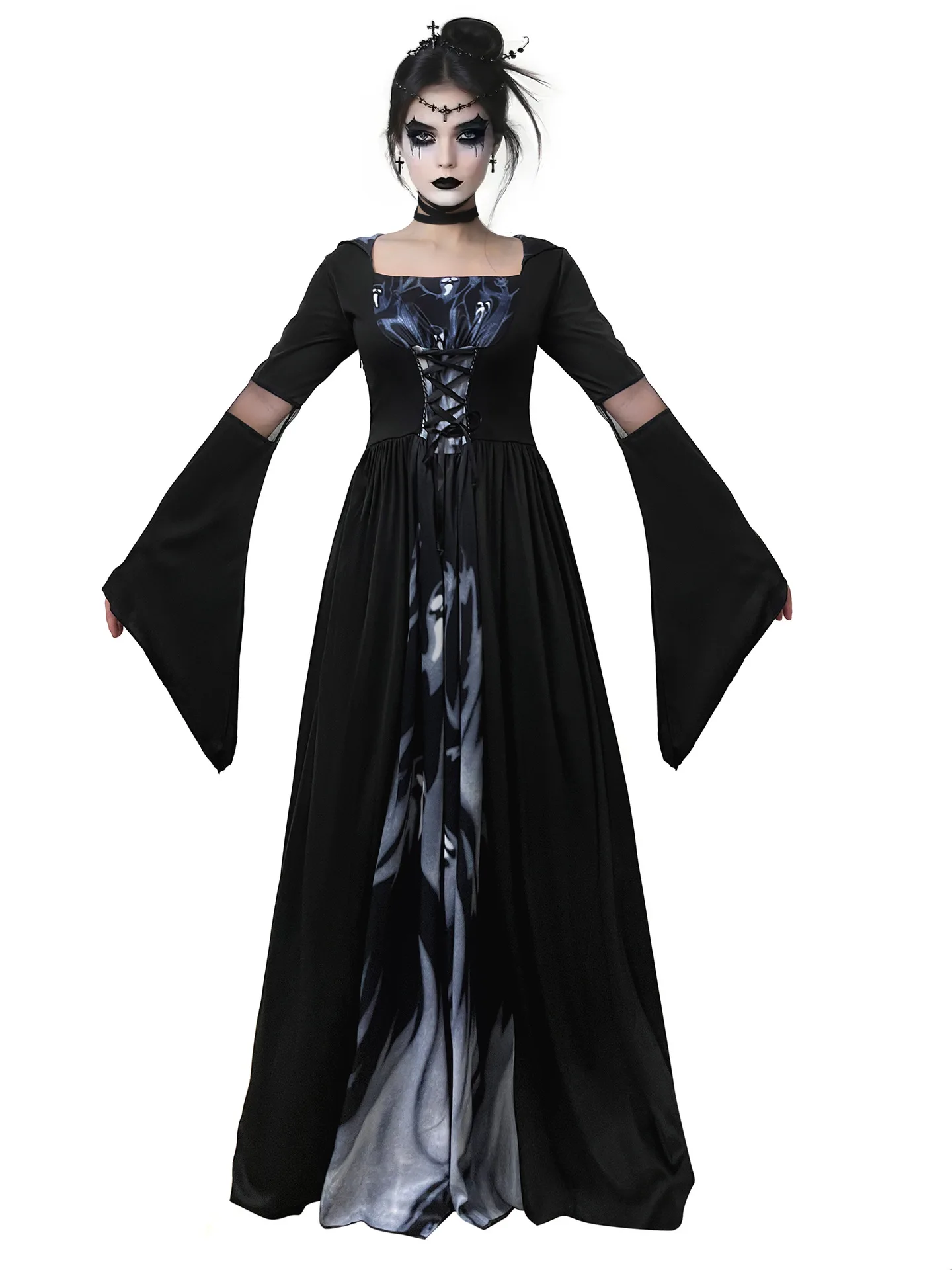 New Arrival Witch Costume - Hooded Gothic Dress with Skeleton Pattern for Halloween Cosplay & Stage Shows