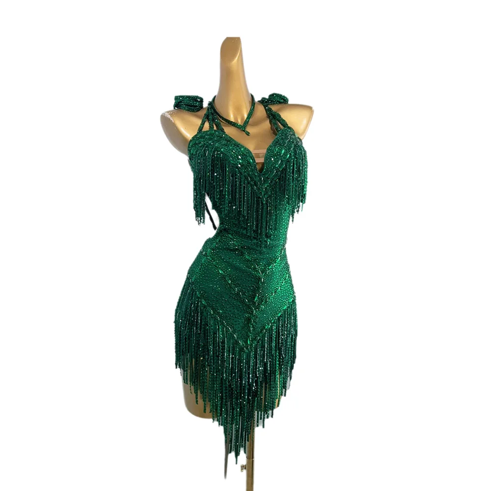 Costume de danse latine AB Stone pour femmes et enfants, robe verte Jade personnalisée haut de gamme, robe de spectacle Samba
