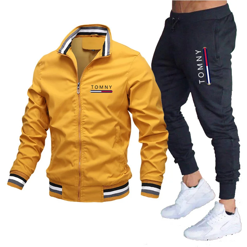 Conjunto de calças e montanhismo casual masculino, jaqueta com capuz, zíper de alta qualidade, corrida fitness, primavera, outono, conjunto de 2