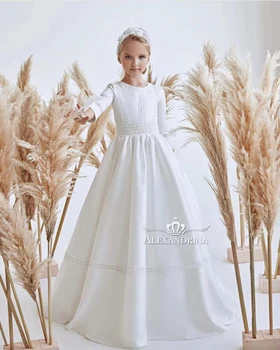 ثوب الكرة الساتان الأبيض مع الدانتيل للفتيات ، ثوب الكرة الأنيق ، نصف كم ، فستان زهرة فتاة مع أقواس ، العباءات بالتواصل الأولى ، حفلة عيد ميلاد ، جديد