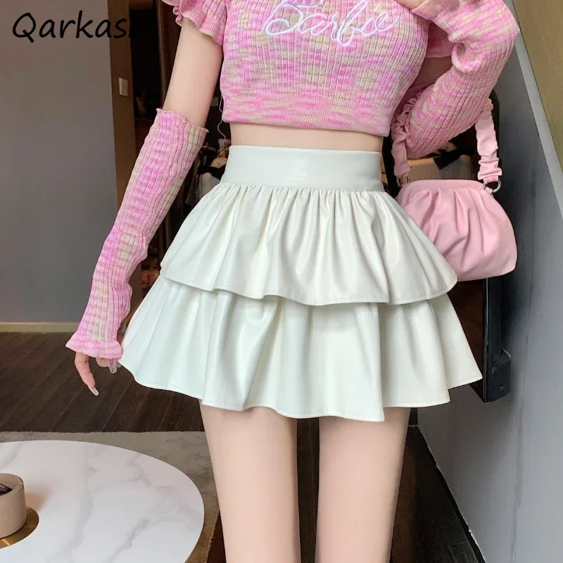 

PU Skirts Women Autumn Winter Sweet Feamles Folds Ball Gown Mini All-match High Waist Jupe Femme Streetwear Casual Ulzzang Chic