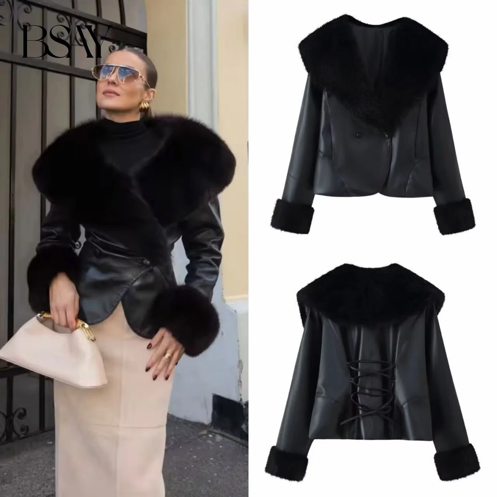 

BSAY Fur Collar Spliced Leather Jacket for Women Fashion Autumn Winter Solid Long Sleeve Double-breasted Short Jackets Coat