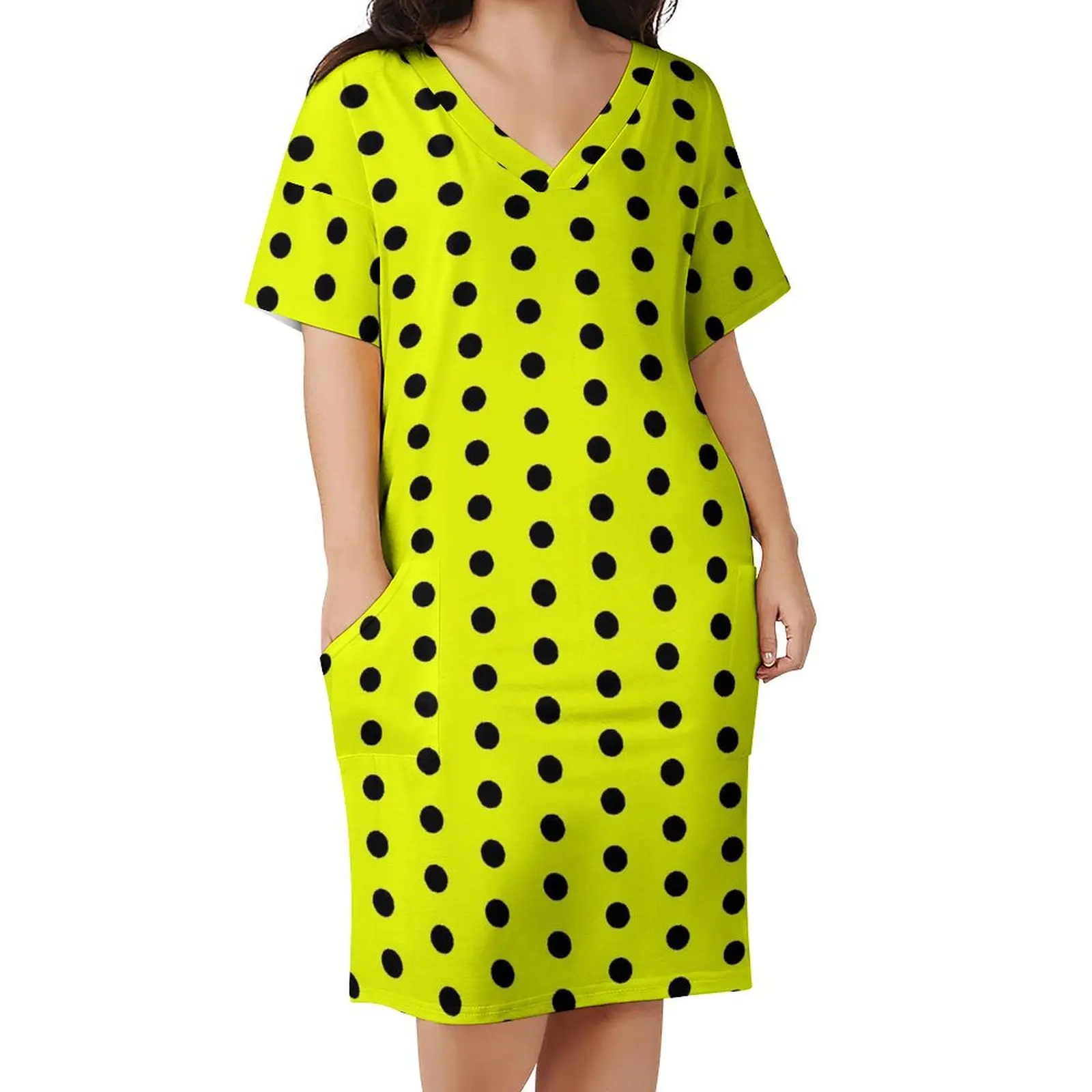 

Black Polka Dots Dress V Neck Vintage Print Vintage Dresses Women Aesthetic Pattern Casual Dress With Pockets Big Size 5XL