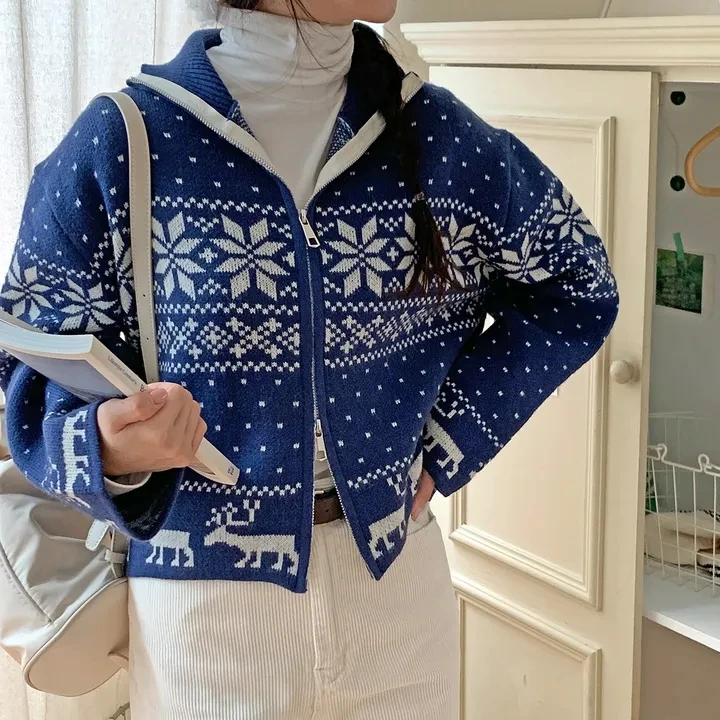 Chic ort Knitted Sweater Coat for Women Cisas Collar Zipper Cardigan Versatile Winter Outerwear Korean Sle Regular Fit