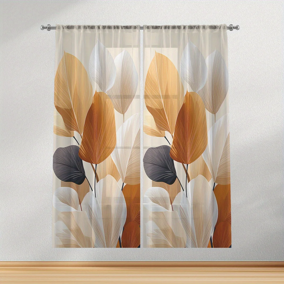 2 Stück transparente Vorhänge, mehrfarbig, abstraktes goldenes Blättermuster, geeignet für Schlafzimmer und Wohnzimmer, Stil mit Stangenfassung