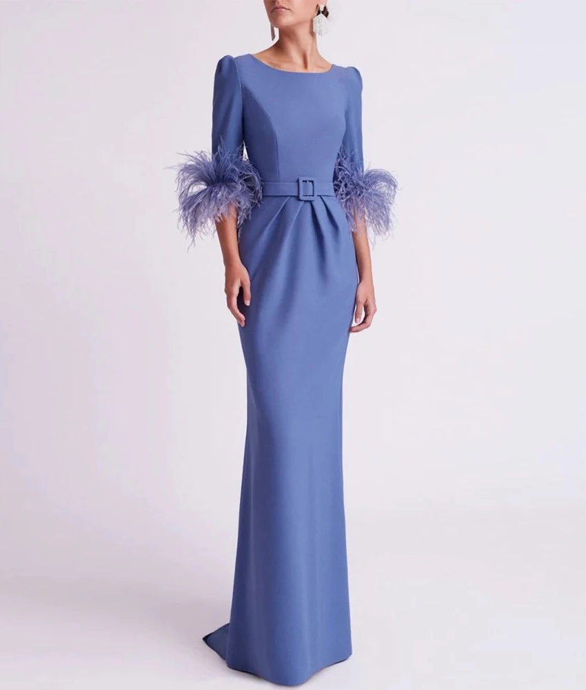 

MCDV Customized High Quality Jersey Mermaid Feathers Buttons Belt Evening Dress Graceful O-neck 3/4 Sleeves Celebrity Gowns