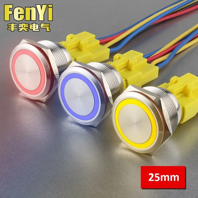 

25mm 6Pins Metal Push Button Switch Waterproof LED Light Self locking/Momentary Flat Head Ring Symbol Switch with Connector